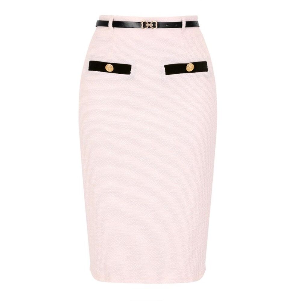 Women's Pencil Skirt Button Decor Bodycon Office Tweed Skirt w Belt Light Pink